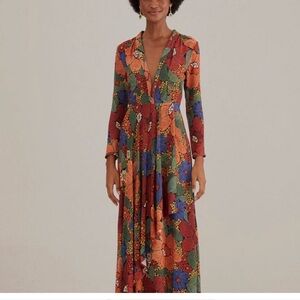 Farm Rio - Black Stitched Flowers V Neck Maxi Dress (XS)